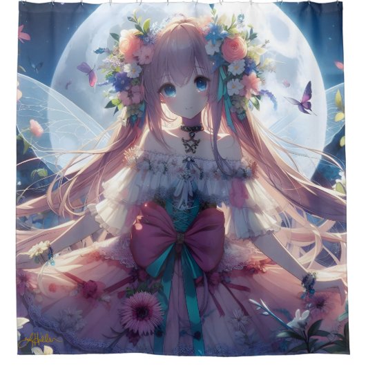 Anime Meisje Bloem Maan Fee Douchegordijn (Voorkant)