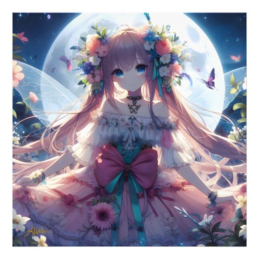Anime Meisje Bloem Maan Fee Foto Afdruk (Voorkant)