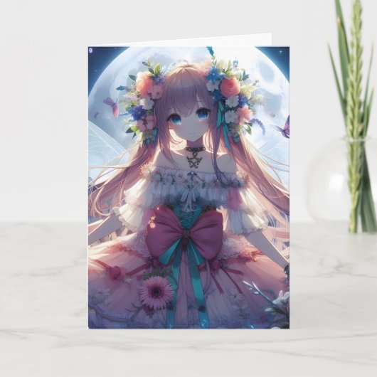 Anime Meisje Bloem Maan Fee Kaart (Voorkant)
