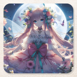 Anime Meisje Bloem Maan Fee Kartonnen Onderzetters