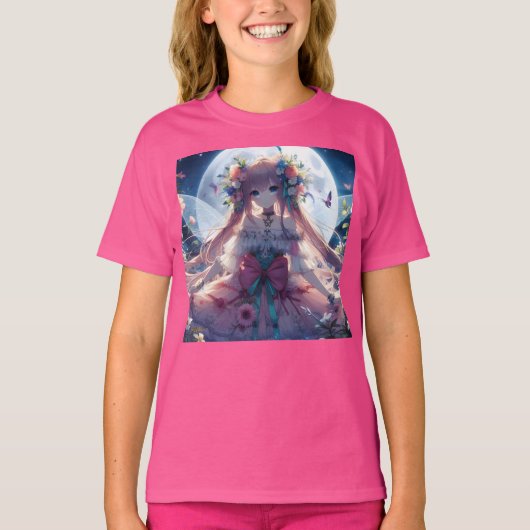 Anime Meisje Bloem Maan Fee T-shirt (Voorkant)