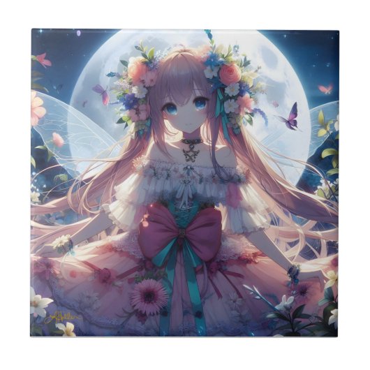 Anime Meisje Bloem Maan Fee Tegeltje (Voorkant)