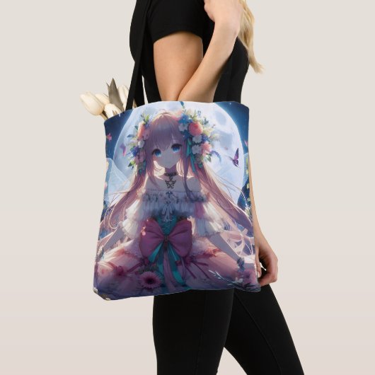 Anime Meisje Bloem Maan Fee Tote Bag (Dichtbij)