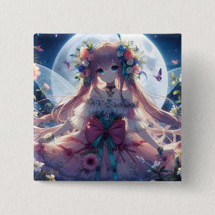 Anime Meisje Bloem Maan Fee Vierkante Button 5,1 Cm