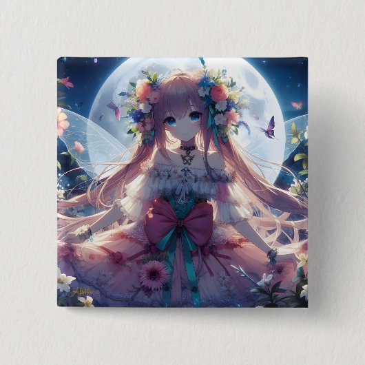 Anime Meisje Bloem Maan Fee Vierkante Button 5,1 Cm (Voorkant)