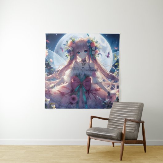 Anime Meisje Bloem Maan Fee Wandkleed (In situ)