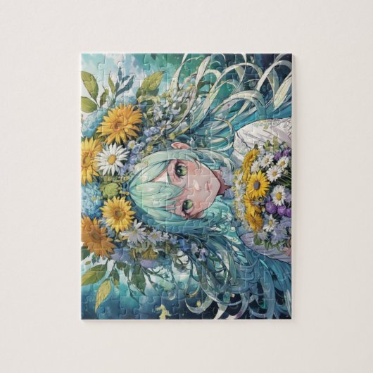 Anime meisje bloemen legpuzzel (Verticaal)