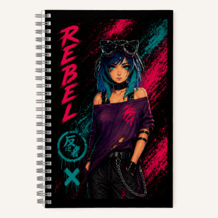 Anime Meisje Cyberpunk Neon Zwart Notitieboek