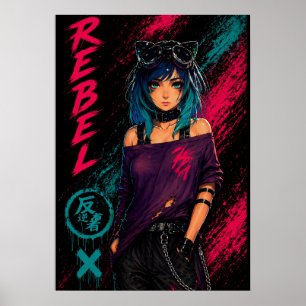 Anime Meisje Cyberpunk Neon Zwart Poster