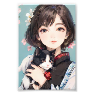 Anime Meisje dat een Kat Knuffelt Bloemportret Foto Afdruk