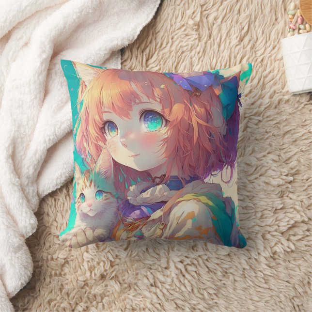 Anime meisje dat een schattig kitten vasthoudt kussen (Deken)
