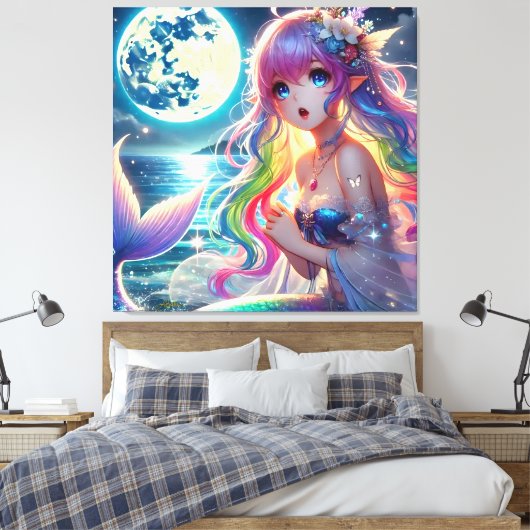 Anime Meisje dat onder het maanlicht zingt Pixie R Canvas Afdruk (Insitu (Slaapkamer))