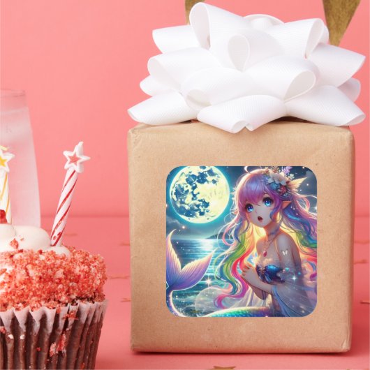 Anime Meisje dat onder het maanlicht zingt Pixie R Vierkante Sticker (Feest)