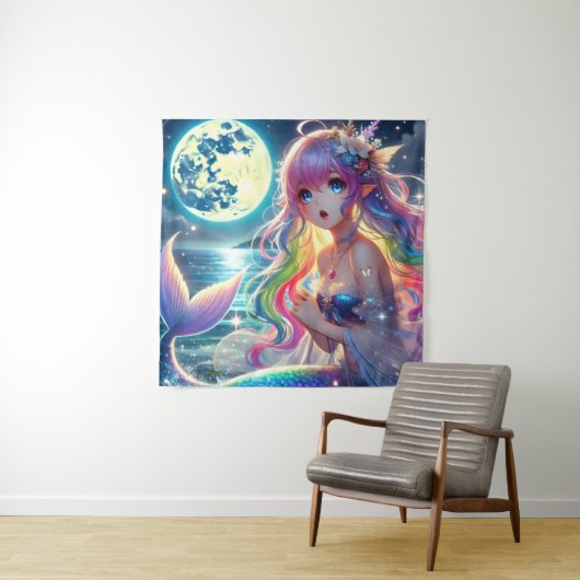 Anime Meisje dat onder het maanlicht zingt Pixie R Wandkleed (In situ)