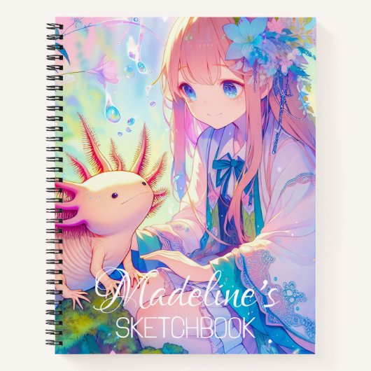 Anime Meisje en Axolotl Gepersonaliseerd Schetsboe Notitieboek (Voorkant)