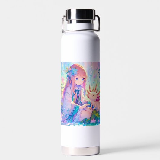 Anime Meisje en Axolotl gepersonaliseerd Waterfles (Achterkant)