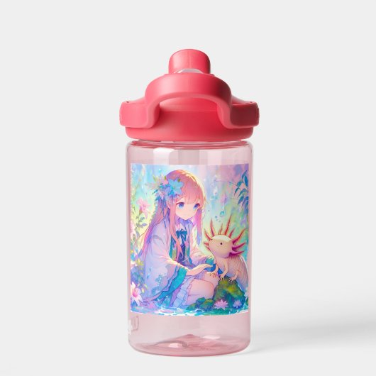Anime Meisje en Axolotl gepersonaliseerd Waterfles (Achterkant)