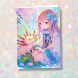 Anime Meisje en een Axolotl Gepersonaliseerde Verj Kaart