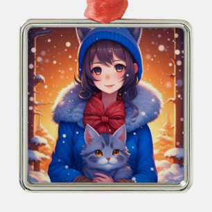 Anime meisje en een kitten winter Kerstmis Metalen Ornament