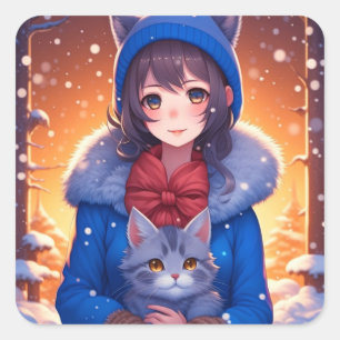 Anime Meisje en een Kitten Winter Kerstmis Vierkante Sticker