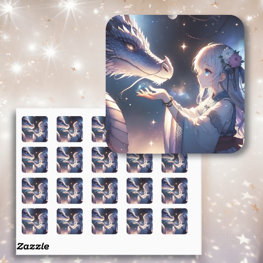 Anime Meisje en Haar Draak Mystiek   Vierkante Sticker