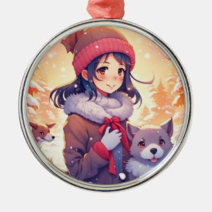 Anime meisje en honden met Kerstachtergrond Metalen Ornament