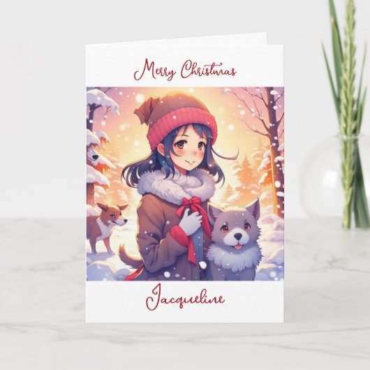 Anime Meisje en Honden met Kerstmis Achtergrond Kaart (Voorkant)