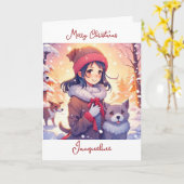 Anime Meisje en Honden met Kerstmis Achtergrond Kaart (Gele Bloem)