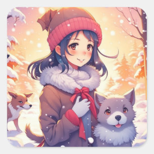 Anime Meisje en Honden met Kerstmis Achtergrond Vierkante Sticker