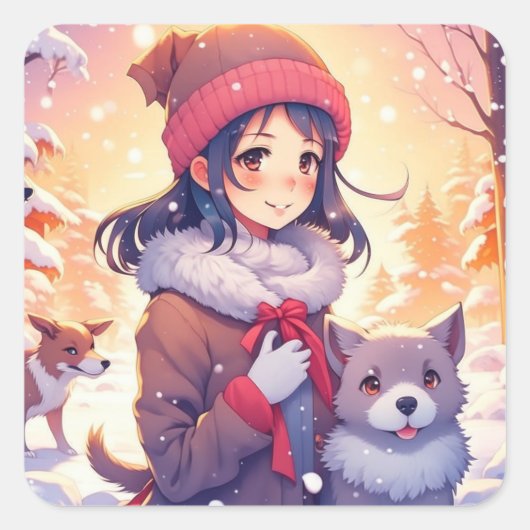 Anime Meisje en Honden met Kerstmis Achtergrond Vierkante Sticker (Voorkant)