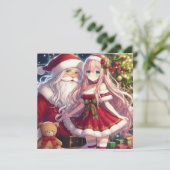 Anime meisje en kerstman feestdagenkaart (Staand voorkant)