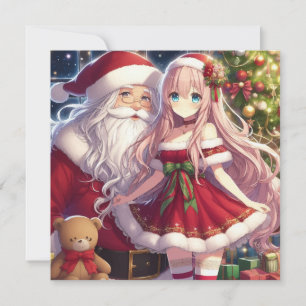 Anime meisje en kerstman feestdagenkaart