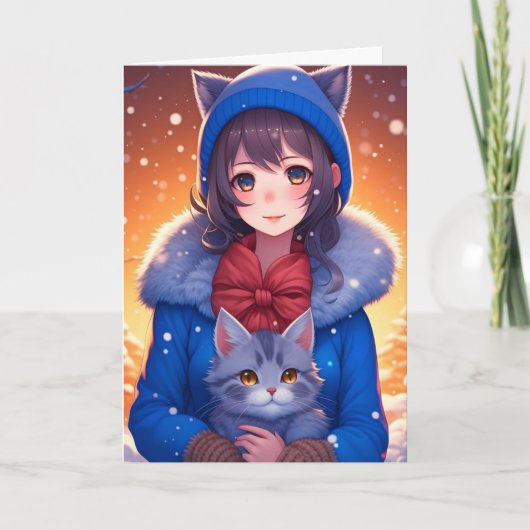 Anime Meisje en Kitten Kleurplaat Kerstmis Kaart (Voorkant)