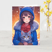 Anime Meisje en Kitten Kleurplaat Kerstmis Kaart (Gele Bloem)