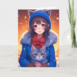 Anime Meisje en Kitten Kleurplaat Kerstmis Kaart