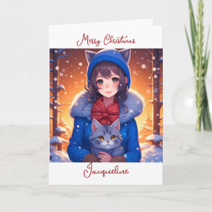 Anime Meisje en Kitten Kleurplaat Kerstmis Kaart