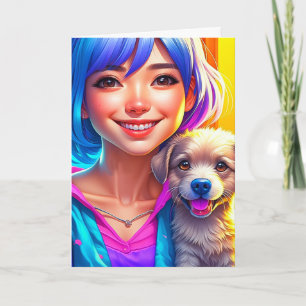 Anime Meisje en Puppy Hond Gepersonaliseerde Verja Kaart