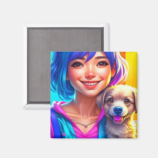 Anime Meisje en Puppy Hond Magneet (Voorkant / Achterkant)