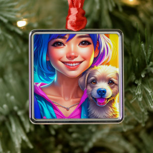 Anime meisje en puppy hond   metalen ornament