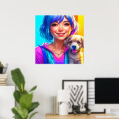 Anime Meisje en Puppy Hond Poster (Thuiskantoor)