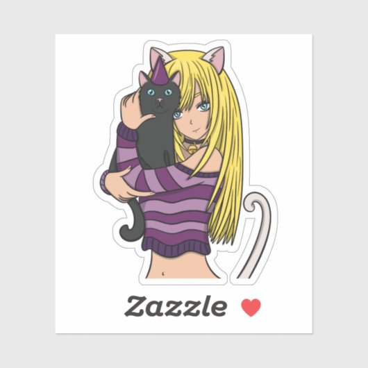Anime Meisje en Schattigee Kat Sticker (Vel)