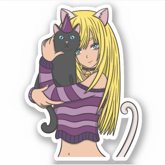 Anime Meisje en Schattigee Kat Sticker (Voorkant)