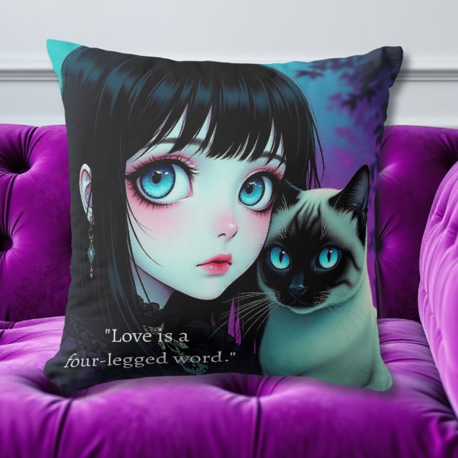 Anime Meisje en Siamese Kat Citaat  Kussen (Creator heeft geüpload)