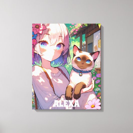 Anime Meisje en Siamese Kat Gepersonaliseerd Canvas Afdruk (Voorkant)