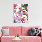 Anime Meisje en Siamese Kat Gepersonaliseerd Canvas Afdruk (Insitu (Woonkamer))