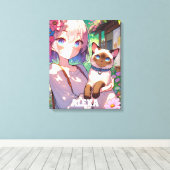 Anime Meisje en Siamese Kat Gepersonaliseerd Canvas Afdruk (Insitu (Houten vloer))
