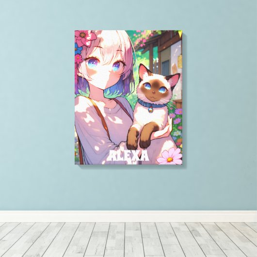 Anime Meisje en Siamese Kat Gepersonaliseerd Canvas Afdruk (Insitu (Houten vloer))