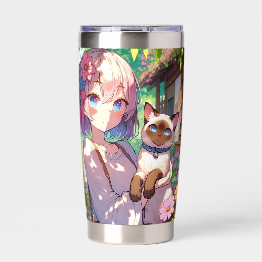 Anime Meisje en Siamese Kat Gepersonaliseerd Geïsoleerde Drinkbeker (Voorkant)