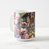 Anime Meisje en Siamese Kat Gepersonaliseerd Koffiemok (Voorkant links)