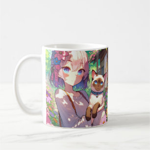 Anime Meisje en Siamese Kat Gepersonaliseerd Koffiemok